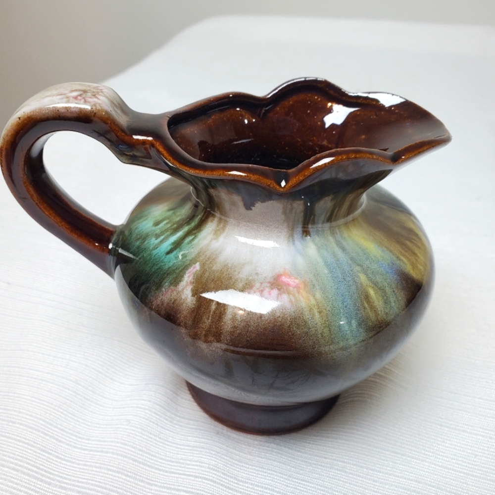 VTG Kenmar Japan Small Brown Drip Shiny Glaze Decorative Pitcher Art Pot…